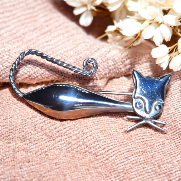 Sterling silver 925 Vintage Mexico Cat Brooch/Pin - Picture 2 of 6